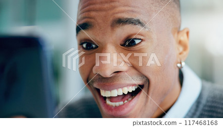 Phone, wow and happy black man reading news closeup for information, success or winning prize at home. Smartphone, surprise and excited person with email results, shock and deal offer for opportunity 117468168