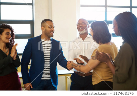 Team, handshake and success with applause from office deal, agreement and achievement. Happy, contract meeting and clapping from business people with support, cooperation and congratulations at work 117468176