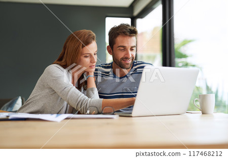 Home, couple and laptop for finance, income and planning for budget, accounting or research for life insurance. Internet, apartment or man with woman, computer or conversation for investment or email 117468212