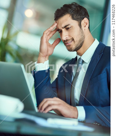 Businessman, laptop and confused thinking for research problem or brainstorming, solution or stock market. Male person, financial advisor and profit stress with company growth, mistake or economy 117468226