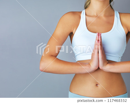 Meditation, prayer hands and body of woman in studio for wellness, zen and mental health on grey background. Peace, mockup and girl model with palm together for balance, aura and holistic healing Meditation, prayer hands and body of woman in studio for wellness, zen and mental health on grey background. Peace, mockup and girl model with palm together for balance, aura and holistic healing 117468332