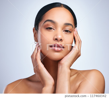 Woman, portrait and clear skincare in studio, healthy and hands for beauty on white background. Female person, cosmetics and touch soft or smooth skin, facial treatment and foundation for dermatology 117468342
