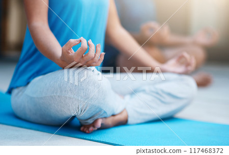 Yoga, calm and mat for person in meditation, zen and peace for wellness, spiritual and healthy with mindset. Floor, yogi and pilates to relax, healing and outdoor for stress relief, chakra and body 117468372