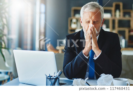 Business, sick and old man with tissue, sneeze and disease with burnout, flu season and allergy in workplace. Mature person, agent and lawyer with toilet paper, health issue and virus with bacteria Business, sick and old man with tissue, sneeze and disease with burnout, flu season and allergy in workplace. Mature person, agent and lawyer with toilet paper, health issue and virus with bacteria 117468431