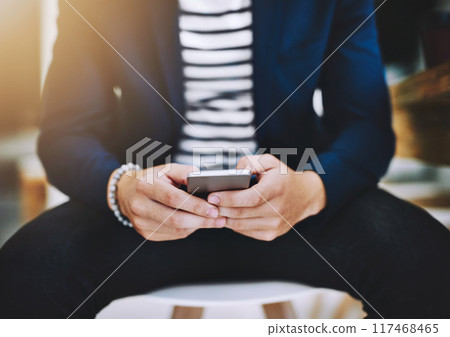 Phone, man and hands typing in office for communication, networking and information of company report. Male person, mobile and online email, research and reading feedback notification of project 117468465