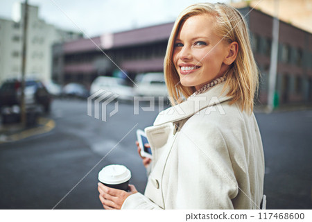 Happy, walking and portrait of woman with coffee in city for commute, travel and journey in street. Phone, outdoor and face of person with beverage, drink and cappuccino for adventure in urban town Happy, walking and portrait of woman with coffee in city for commute, travel and journey in street. Phone, outdoor and face of person with beverage, drink and cappuccino for adventure in urban town 117468600