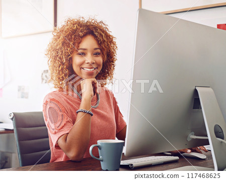 Black woman, smile and portrait in office with computer for web design, online for business email. Female entrepreneur, creative and workspace with happiness for website development, tech for startup 117468625