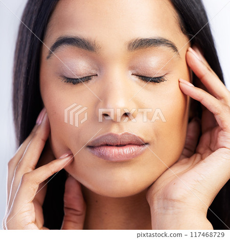 Woman, eyes closed and makeup beauty in studio for natural cosmetics, glow and aesthetic luxury change. Pride, female person and skincare transformation, health and facial shine on white background 117468729
