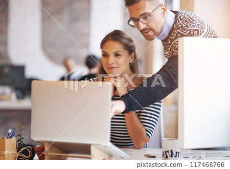 Business, manager and business people on laptop for help, feedback and training intern in office. Creative company, teamwork and man and woman on computer for online project, website and research Business, manager and business people on laptop for help, feedback and training intern in office. Creative company, teamwork and man and woman on computer for online project, website and research 117468766