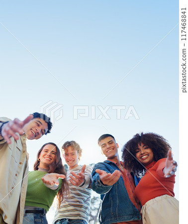Friends, people and hands for selfie with portrait outdoor for social media post, profile picture update or memory. Gen z, group or happy with blue sky for diversity, adventure or low angle on mockup 117468841
