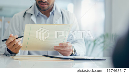 Hands, doctor and patient with consultation, paperwork and conversation for wellness, insurance and healthcare. Closeup, people and medical with professional, documents and appointment for results 117468847
