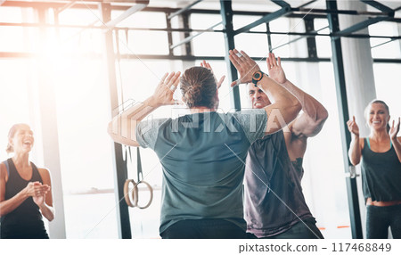 Celebration, gym and team with high five, fitness and clapping for success, athlete and club for sports. Congratulations, happy and applause for exercise, practice and people together for workout 117468849