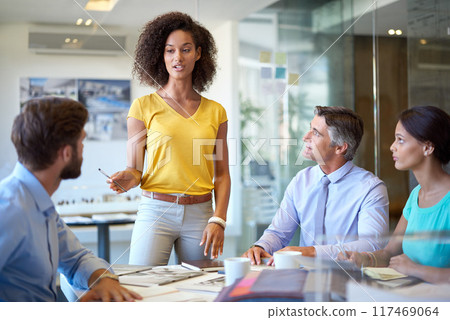 Pitch, meeting or business people in office presentation for planning, teamwork and collaboration. Communication, group or staff discussion in workplace for deal, project review or brainstorm 117469064