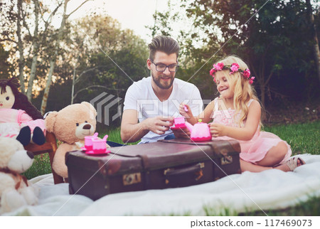 Girl, kid and tea party with dad outdoor for playing, memory and childhood fun or entertainment. Father, daughter and toys in garden for nature picnic with happiness, bonding and imagine with love. Girl, kid and tea party with dad outdoor for playing, memory and childhood fun or entertainment. Father, daughter and toys in garden for nature picnic with happiness, bonding and imagine with love. 117469073