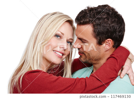 Love, portrait and couple hug in studio white background together happy for memories, romance and support. Smiling, man and woman embrace with care for date and commitment to relationship or unity Love, portrait and couple hug in studio white background together happy for memories, romance and support. Smiling, man and woman embrace with care for date and commitment to relationship or unity 117469130
