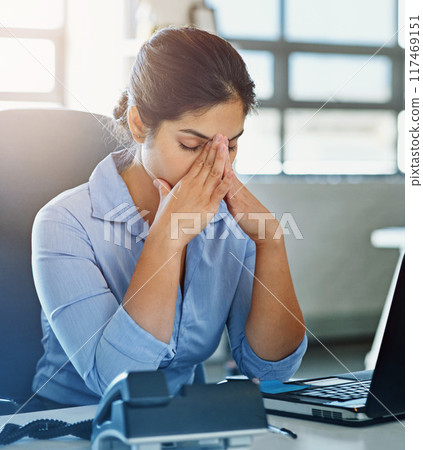 Stress, depression or businesswoman with headache, career pressure or mistake in office. Laptop, upset receptionist or exhausted secretary frustrated by 404 error in workplace with burnout or anxiety Stress, depression or businesswoman with headache, career pressure or mistake in office. Laptop, upset receptionist or exhausted secretary frustrated by 404 error in workplace with burnout or anxiety 117469151
