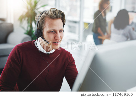 Call center, man and communication for customer support on computer with advice, contact us or helping. Consultant, microphone and headset at telemarketing agency with consulting and CRM operator Call center, man and communication for customer support on computer with advice, contact us or helping. Consultant, microphone and headset at telemarketing agency with consulting and CRM operator 117469160