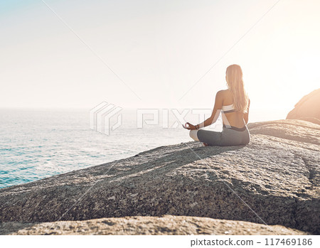 Outdoor, back and woman with zen for yoga, wellness and spiritual peace in California. Chakra, female yogi and hands with lotus pose for meditation, exercise and mental health by mockup space 117469186