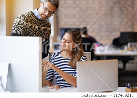 Office, manager and business people on laptop for help, feedback and training for internship. Creative company, teamwork and man and woman on computer talking for online project, website and research 117469215