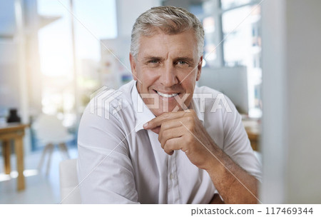 Mature, man and computer or portrait in office, happy and smile for online business review or email communication. Confident, professional and employee with company pride, vision and idea for project 117469344