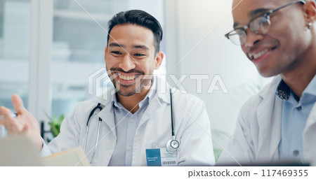 Doctors, discussion and men in hospital with healthcare for meeting, treatment plan or diagnosis. Talking, medicine and medical professionals for conversation, teamwork or collaboration in clinic 117469355