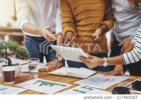 Team, people and tablet with analytics in office as web developer in digital agency, workshop or company. Group, business meeting and collaboration with diversity, growth or career in brand design 117469387