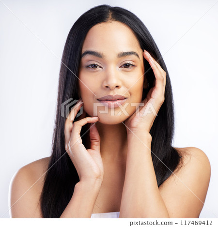 Portrait, woman and makeup beauty in studio with natural cosmetics, glow and aesthetic luxury change. Pride, female person and skincare transformation, health and facial shine on white background Portrait, woman and makeup beauty in studio with natural cosmetics, glow and aesthetic luxury change. Pride, female person and skincare transformation, health and facial shine on white background 117469412