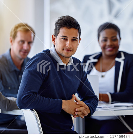 Meeting, portrait and man in business, collaboration and proud of teamwork for project, growth and increase in sales. Boardroom, auditor and person in workplace, professional and face of employee Meeting, portrait and man in business, collaboration and proud of teamwork for project, growth and increase in sales. Boardroom, auditor and person in workplace, professional and face of employee 117469484
