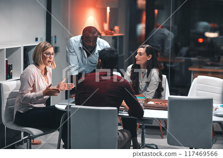 Business discussion, laptop and planning for design at night in office, creative agency and overtime food for project. Teamwork, support and problem solving in pizza meeting for deadline and people 117469566
