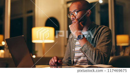 Night, working and laptop with business man, thinking and web design planning in office. Employee, creative and professional with company website update and digital project with technology and idea 117469675