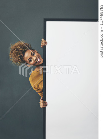 Banner, poster and portrait of happy woman in studio with mockup for message, announcement or service promo on grey background. Billboard, gen z or student with space for university registration info 117469765