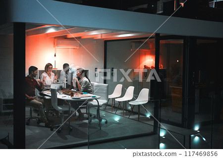 Business people, laptop and meeting for design at night in office, creative agency and overtime project with food. Teamwork, support and problem solving in pizza planning for deadline and discussion Business people, laptop and meeting for design at night in office, creative agency and overtime project with food. Teamwork, support and problem solving in pizza planning for deadline and discussion 117469856
