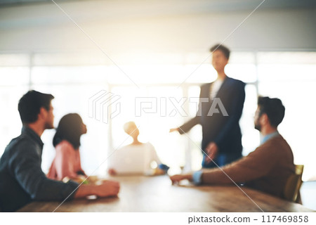 Office, teamwork and blur of business people in meeting, conversation and talking for collaboration. Corporate, law agency and men and women in boardroom for discussion, project feedback and planning 117469858
