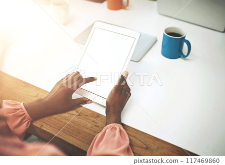 Business woman, touch and browsing with tablet screen for research, app or interface at office desk. Closeup of female person or employee scrolling on technology or display for news on mockup space 117469860