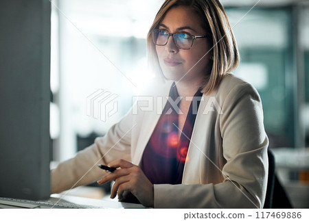 Thinking, businesswoman and reading on computer for research, information and glasses in office. Female lawyer, idea and review details on internet for consulting, legal advisor and strategy for case Thinking, businesswoman and reading on computer for research, information and glasses in office. Female lawyer, idea and review details on internet for consulting, legal advisor and strategy for case 117469886
