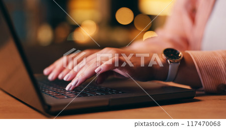 Business, woman and hand with laptop at night for remote work, blog research and editing in home office. Entrepreneur, freelancer and copywriter with technology for typing online project with bokeh Business, woman and hand with laptop at night for remote work, blog research and editing in home office. Entrepreneur, freelancer and copywriter with technology for typing online project with bokeh 117470068