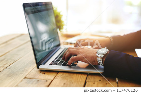 Hands, laptop and typing in office at desk for crypto, trading on stock market with financial. Computer, person and working at table for blockchain technology, internet communication for business Hands, laptop and typing in office at desk for crypto, trading on stock market with financial. Computer, person and working at table for blockchain technology, internet communication for business 117470120