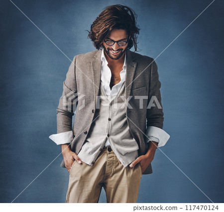 Business, man and thoughts with smile in studio for fashion or corporate career with executive look for manager roll or supervisor. Person, trendy and stylish on dark background, thoughts and glasses Business, man and thoughts with smile in studio for fashion or corporate career with executive look for manager roll or supervisor. Person, trendy and stylish on dark background, thoughts and glasses 117470124