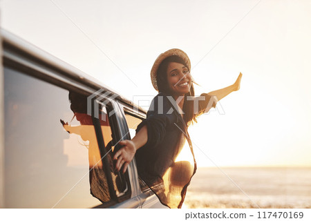 Road trip, woman and freedom portrait in car with smile, van and travel for holiday and vacation. Transport, parking and adventure with idea and in summer with driving and journey with driver 117470169