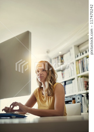 Woman, typing and reading by computer for remote work from home office with research, review or editing. Person, author and writer by pc for ideas, creativity and click keyboard for story development 117470242