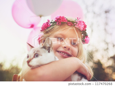Girl, portrait and garden with cat for care or furry companion for comfort, friendship and growth or development. Kid, flower crown and cute animal in nature with affection, bonding and playing. 117470268