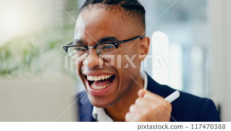 Black man, success and excited trader on laptop with financial investment deal on stock market. Finance, celebratiobn and happy African entrepreneur winning on trading website for victory in office Black man, success and excited trader on laptop with financial investment deal on stock market. Finance, celebratiobn and happy African entrepreneur winning on trading website for victory in office 117470388