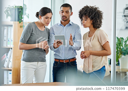 Office, team and people planning with tablet for collaboration or business strategy with technology. Staff, agency and corporate digital marketing group with ideas for workplace innovation in Canada. Office, team and people planning with tablet for collaboration or business strategy with technology. Staff, agency and corporate digital marketing group with ideas for workplace innovation in Canada. 117470399