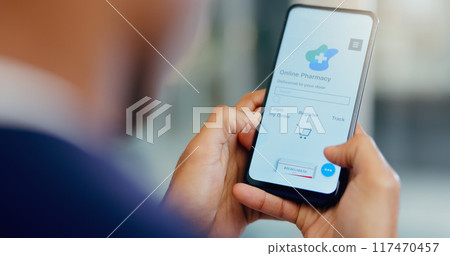 Hands, phone and man online pharmacy app for treatment, medication or supplements at home. Technology, ecommerce and person scroll with cellphone on internet for vitamins or pills order for delivery. 117470457