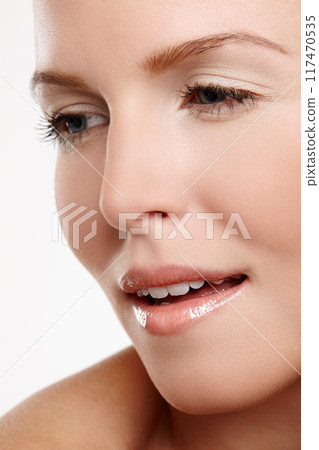 Woman, smooth skin and confident cosmetic in studio, makeup and skincare on white background. Female person, beauty and proud of dermatology foundation results, natural and facial treatment or soft 117470535