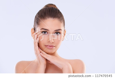 Woman, face and hands for natural beauty, glow and wellness with dermatology for skin on white background. Cosmetics, skincare portrait and mockup space with self care, shine and facial in studio Woman, face and hands for natural beauty, glow and wellness with dermatology for skin on white background. Cosmetics, skincare portrait and mockup space with self care, shine and facial in studio 117470545