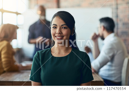 Woman, office and portrait with smile for business meeting, accounting career or finance company. Female accountant, happiness and workplace in London with professional employee, manager on training Woman, office and portrait with smile for business meeting, accounting career or finance company. Female accountant, happiness and workplace in London with professional employee, manager on training 117470554
