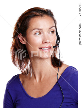 Happy woman, thinking and microphone for communication in call center for telemarketing. Contact, administrator and financial consultant for customer service and networking by white background Happy woman, thinking and microphone for communication in call center for telemarketing. Contact, administrator and financial consultant for customer service and networking by white background 117470596