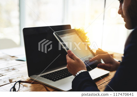 Office, tablet screen and business man for typing, deadline schedule and important notes on desk. Workplace, male administrator and digital for to do list, project ideas and planning with information 117470641