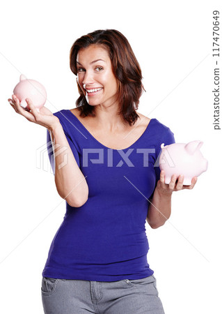 Portrait, happy and woman with piggy bank for savings in studio for investment, money and finance. Female person, profit and smile with container by white background for credit, security and budget 117470649